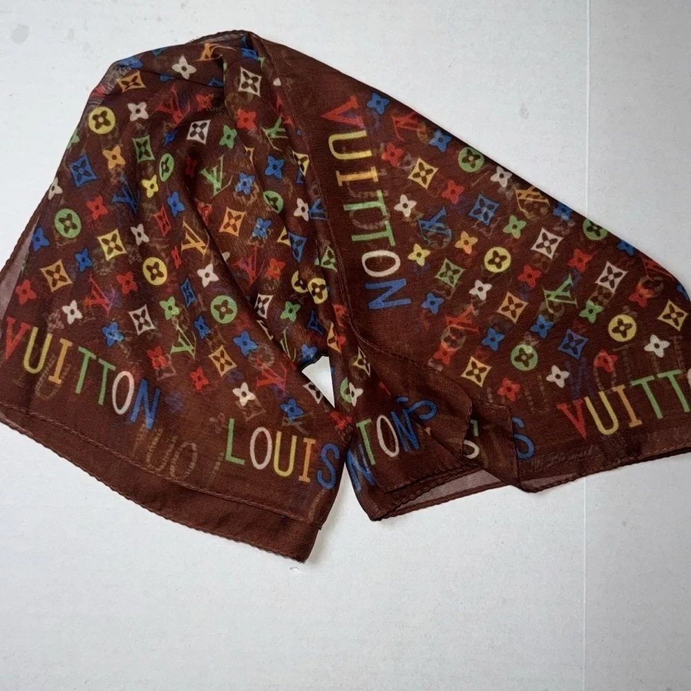 Louis Vuitton Vintage Silk Monogram Multicolor Rectangle Scarf in Brown